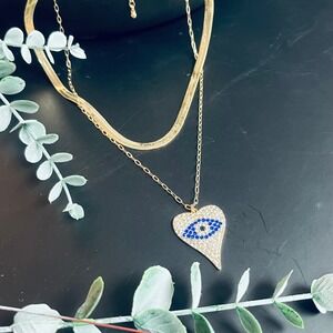 Evil Eye Multilayer Necklace | Gold Toned Chains Pave Clear Blue Heart Pendant |